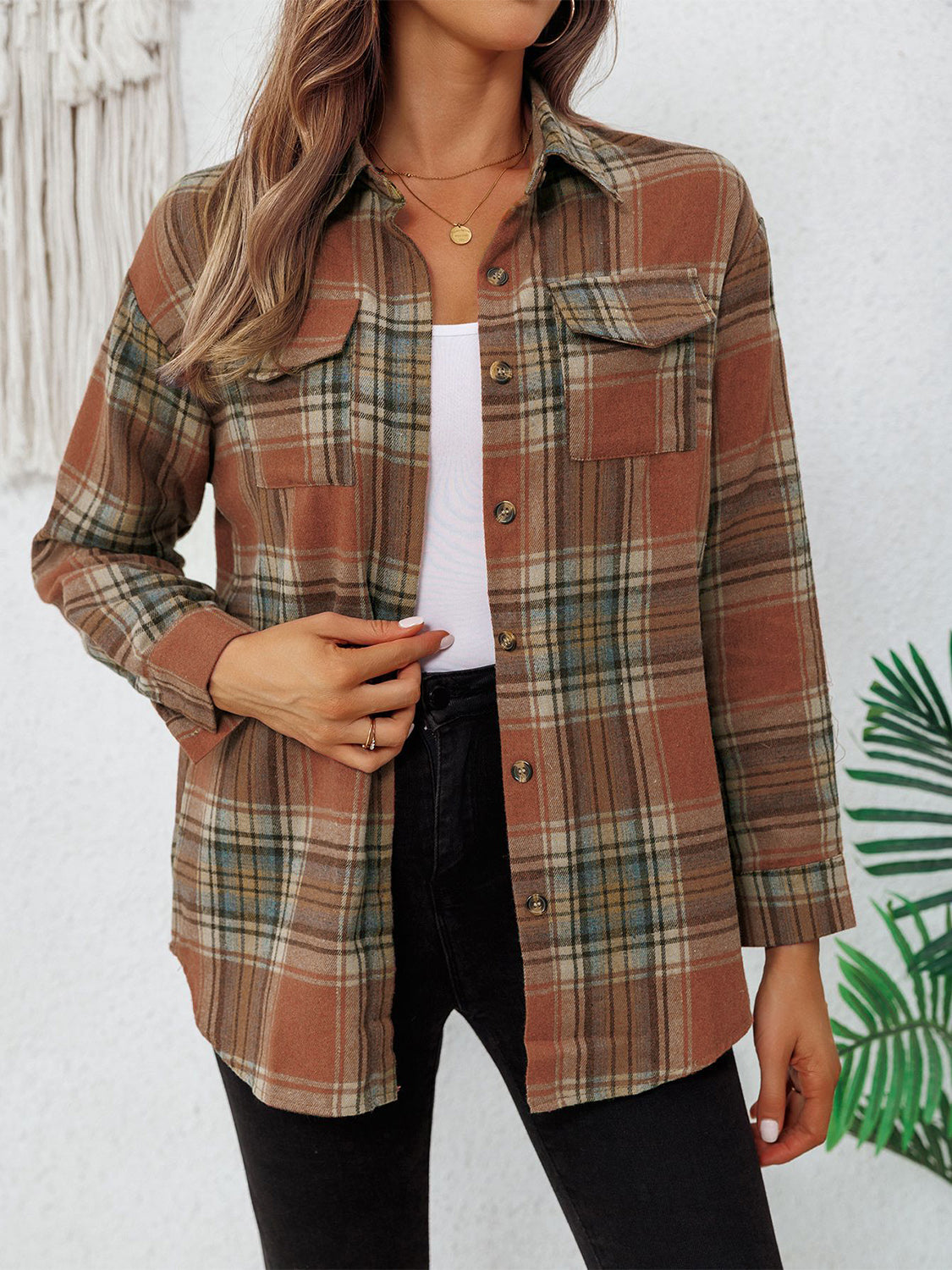 Outfit Flow - Plaid Collared Neck Button Up Long Sleeve Shirt