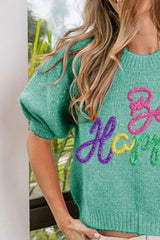 BiBi Metallic Letter Short Puff Sleeve Hairy Sweater OutfitFlow