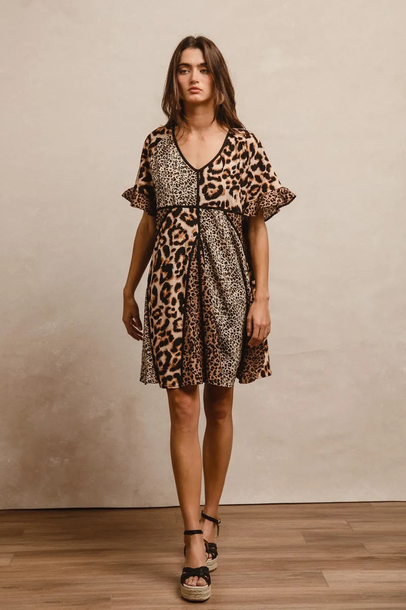 BiBi Leopard Prints Mix and Match Short Sleeves Dress OutfitFlow
