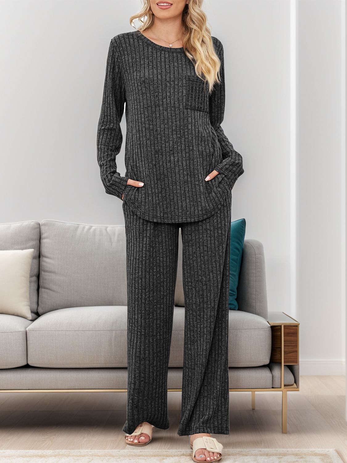 Round Neck Long Sleeve Top and Pants Set