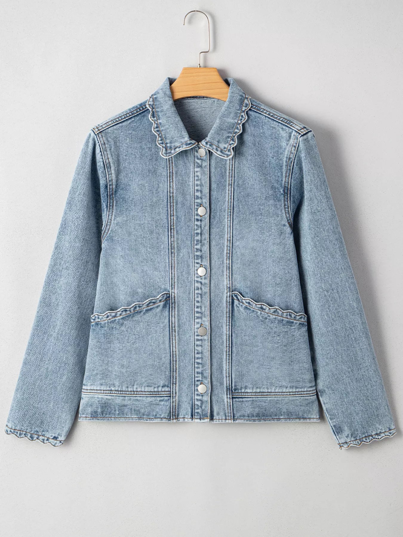 Scallop Trim Collar Patched Pocket Button Up Denim Jacket OutfitFlow