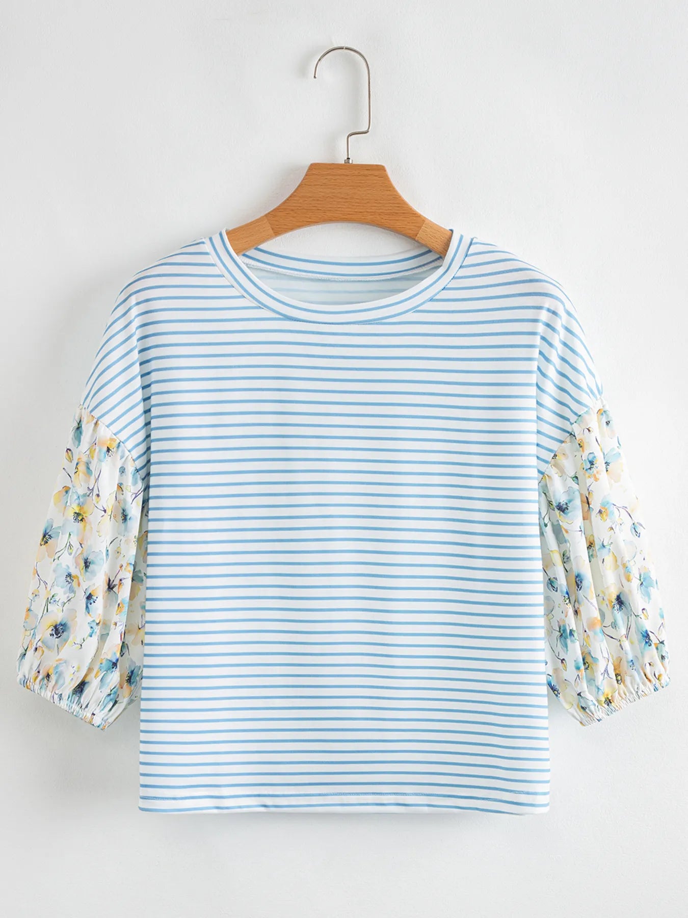 Striped Floral Sleeve Casual Blouse OutfitFlow