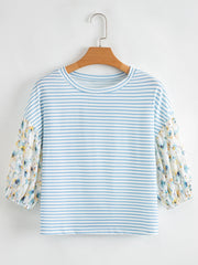 Striped Floral Sleeve Casual Blouse OutfitFlow