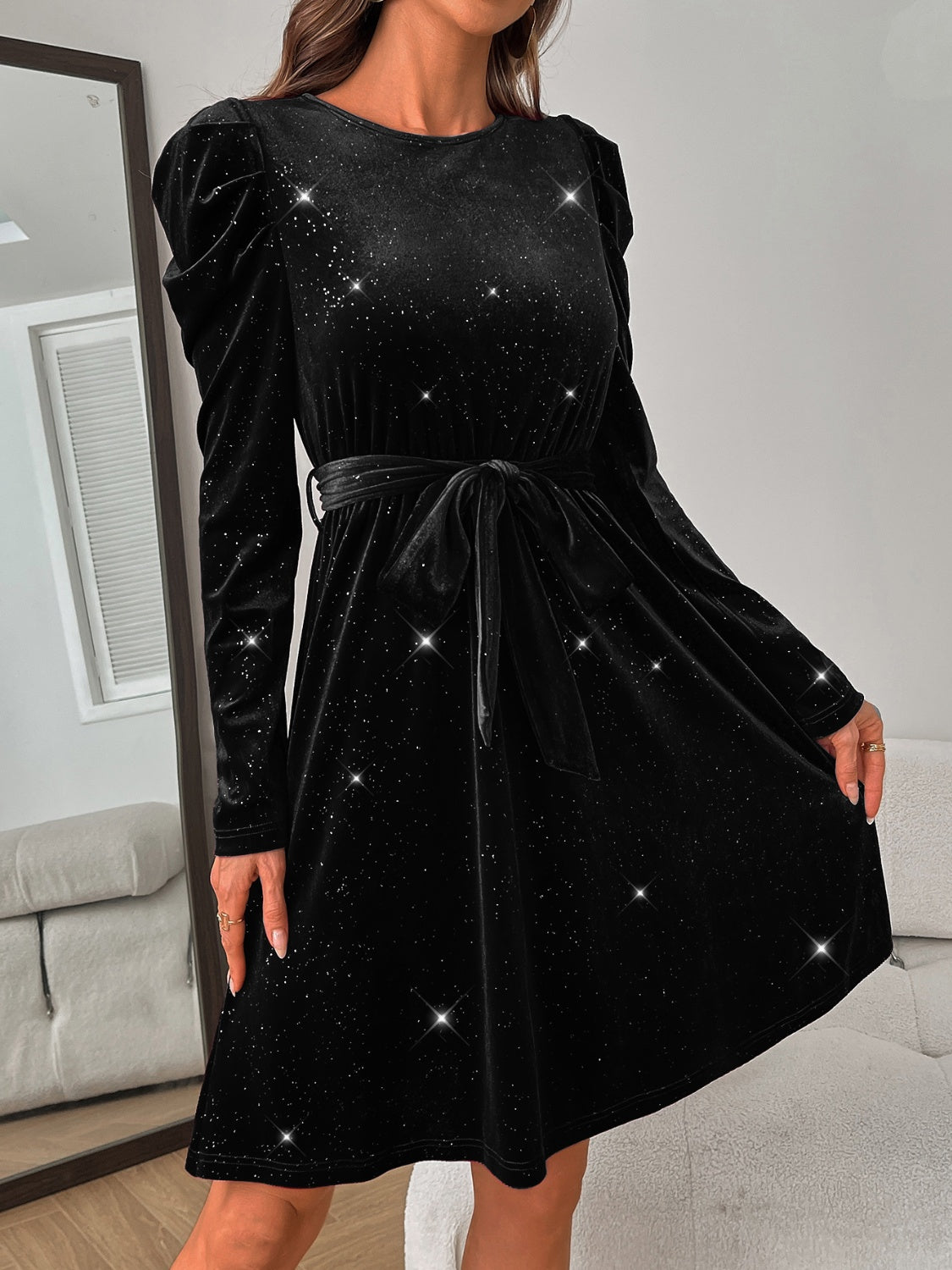 Outfit Flow - Glitter Round Neck Puff Sleeve Dress