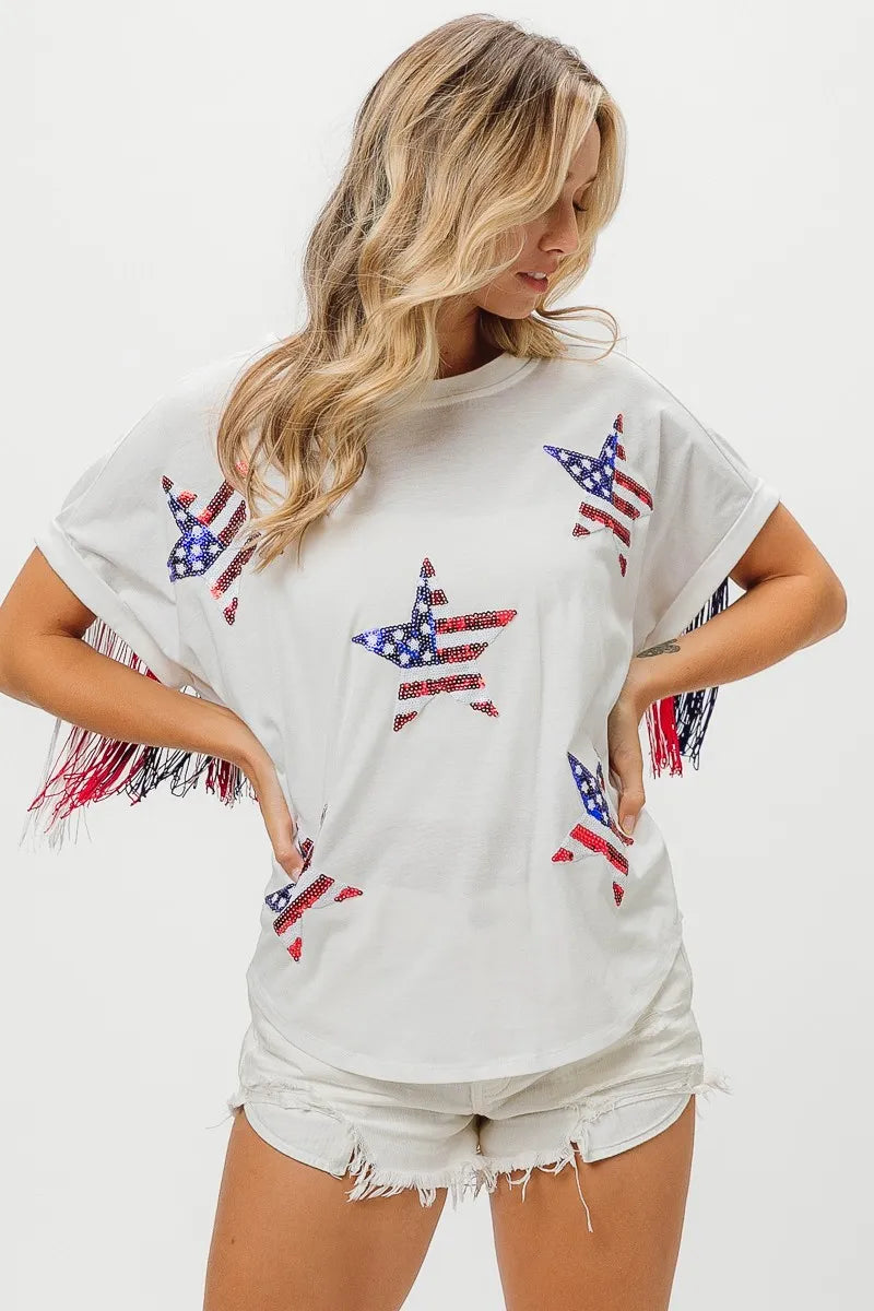 BiBi American Flag Sequin Star Fringe Top OutfitFlow
