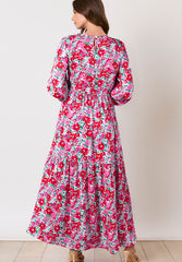 Outfit Flow - Printed Round Neck Lantern Sleeve Maxi Dress