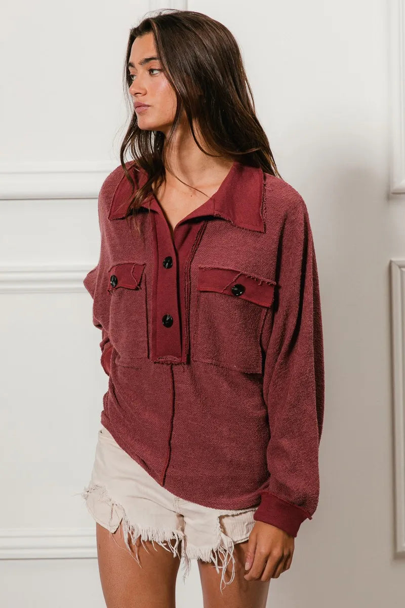 BiBi Cp French Terry Cut Edge Detail Collared Top OutfitFlow