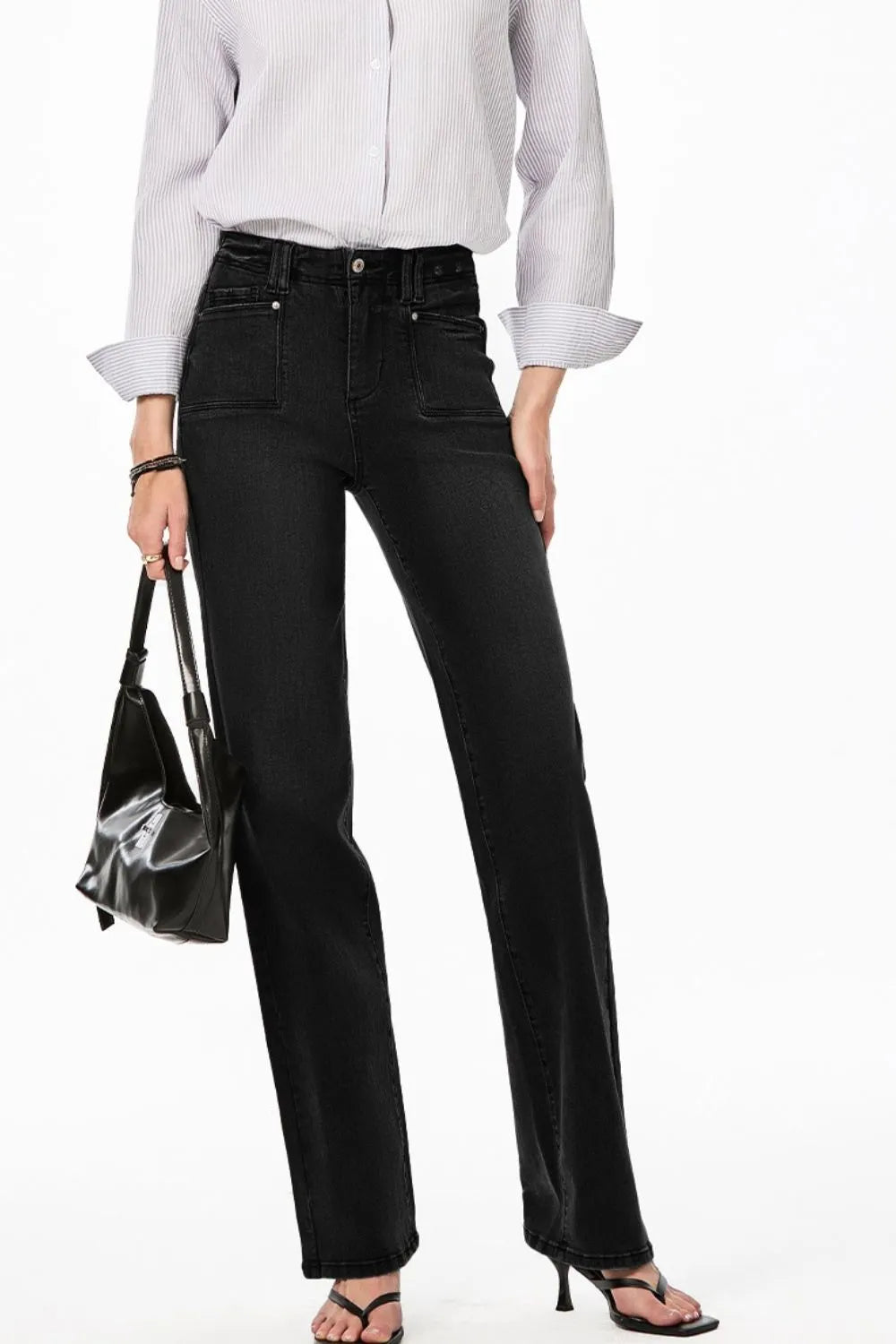 High-Waisted Wide-Leg Vintage Wash Jeans Black OutfitFlow