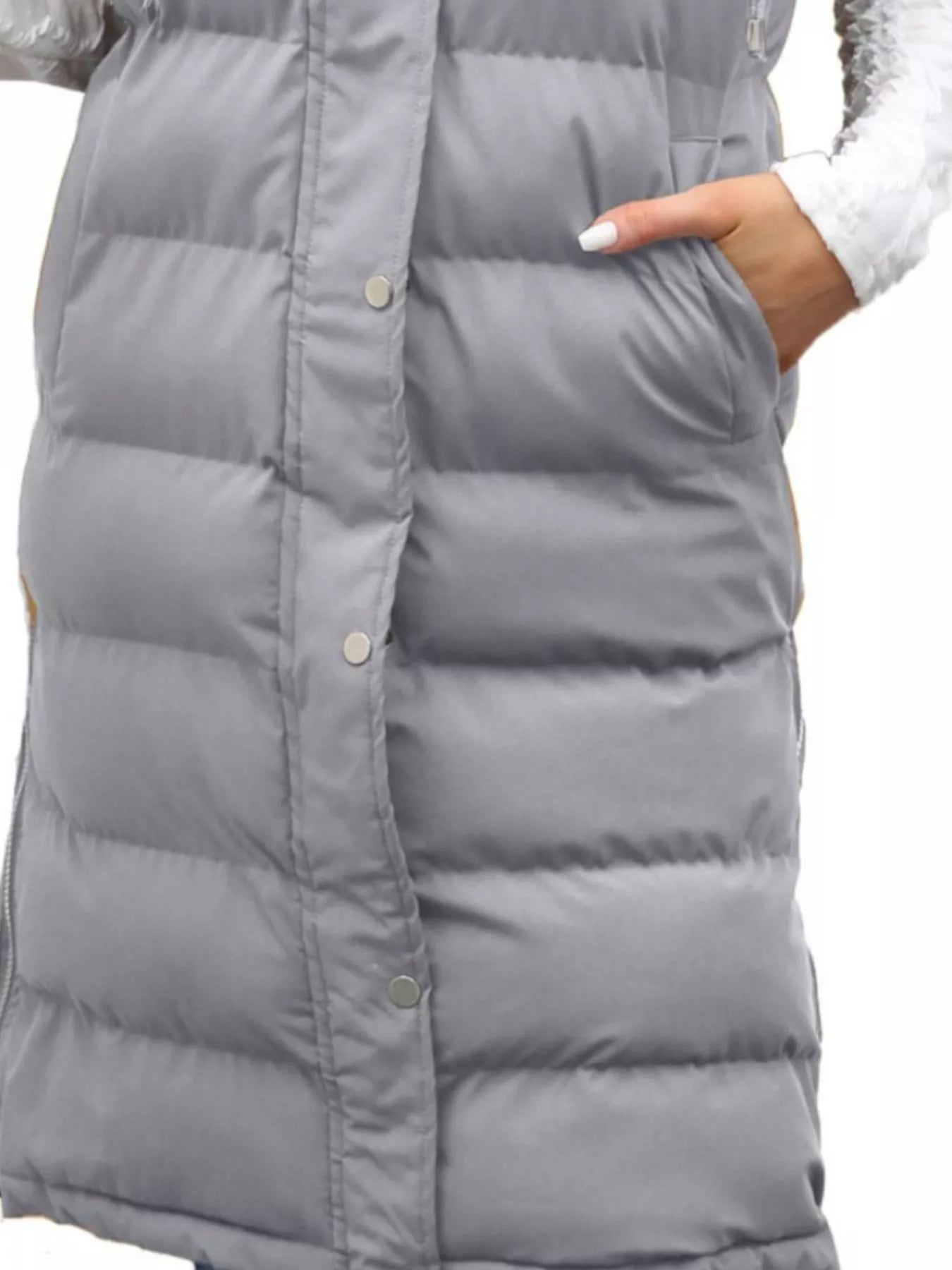Full Size Snap Down Hooded Padded Longline Vest Coat Plus Size OutfitFlow