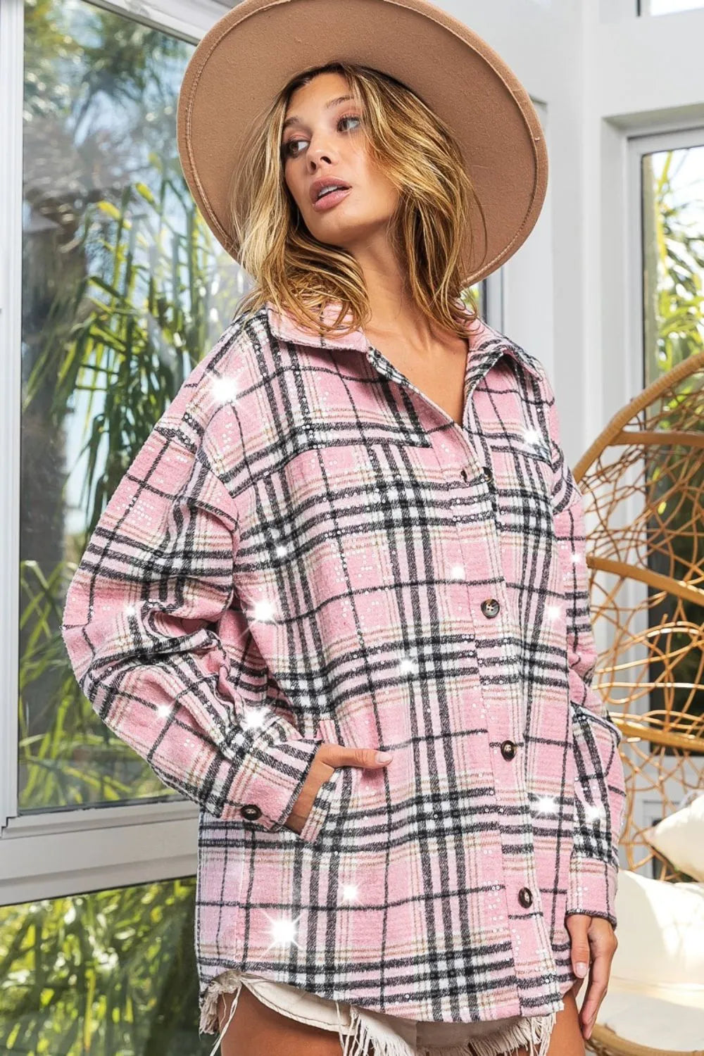 BiBi Allover Clear Sequins Vintage Plaid Jacket PINK MULTI OutfitFlow