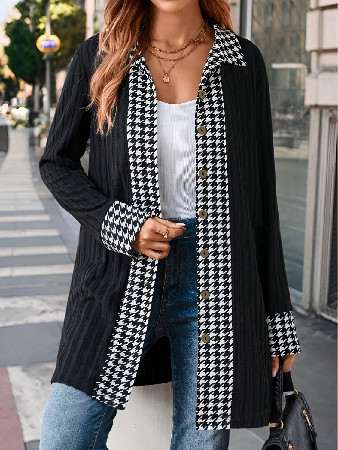 Outfit Flow - Houndstooth Button Up Long Sleeve Cardigan