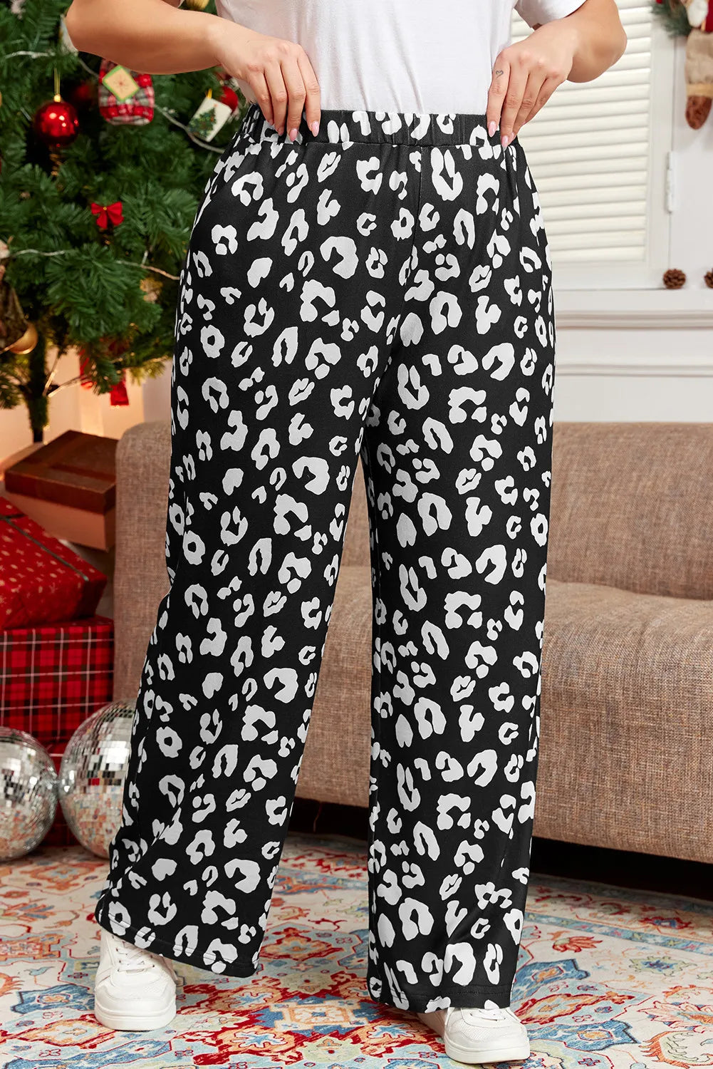 Plus Size Leopard Elastic Waist Pants