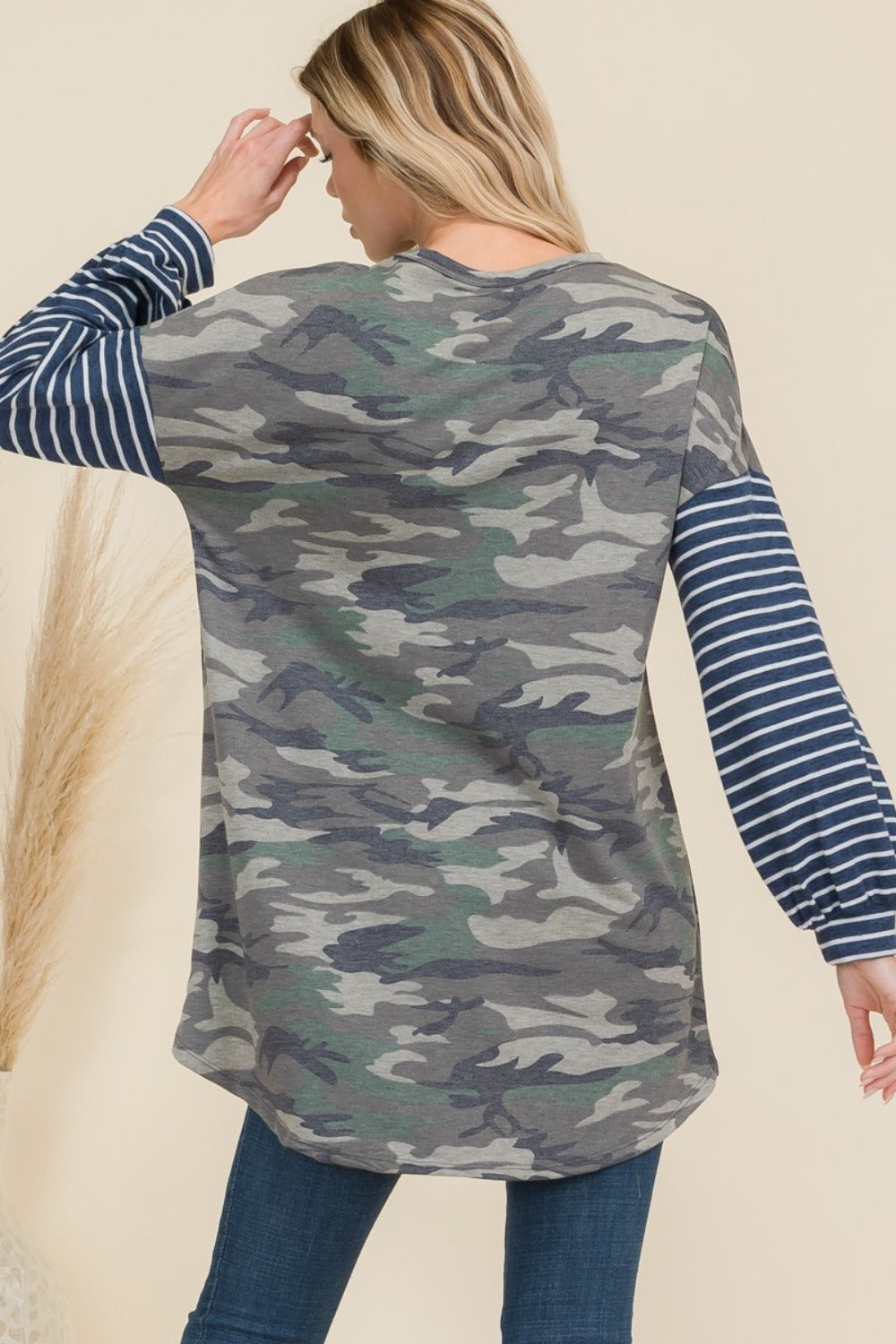 Celeste Full Size Camo Print High-Low T-Shirt with Stripe Sleeves