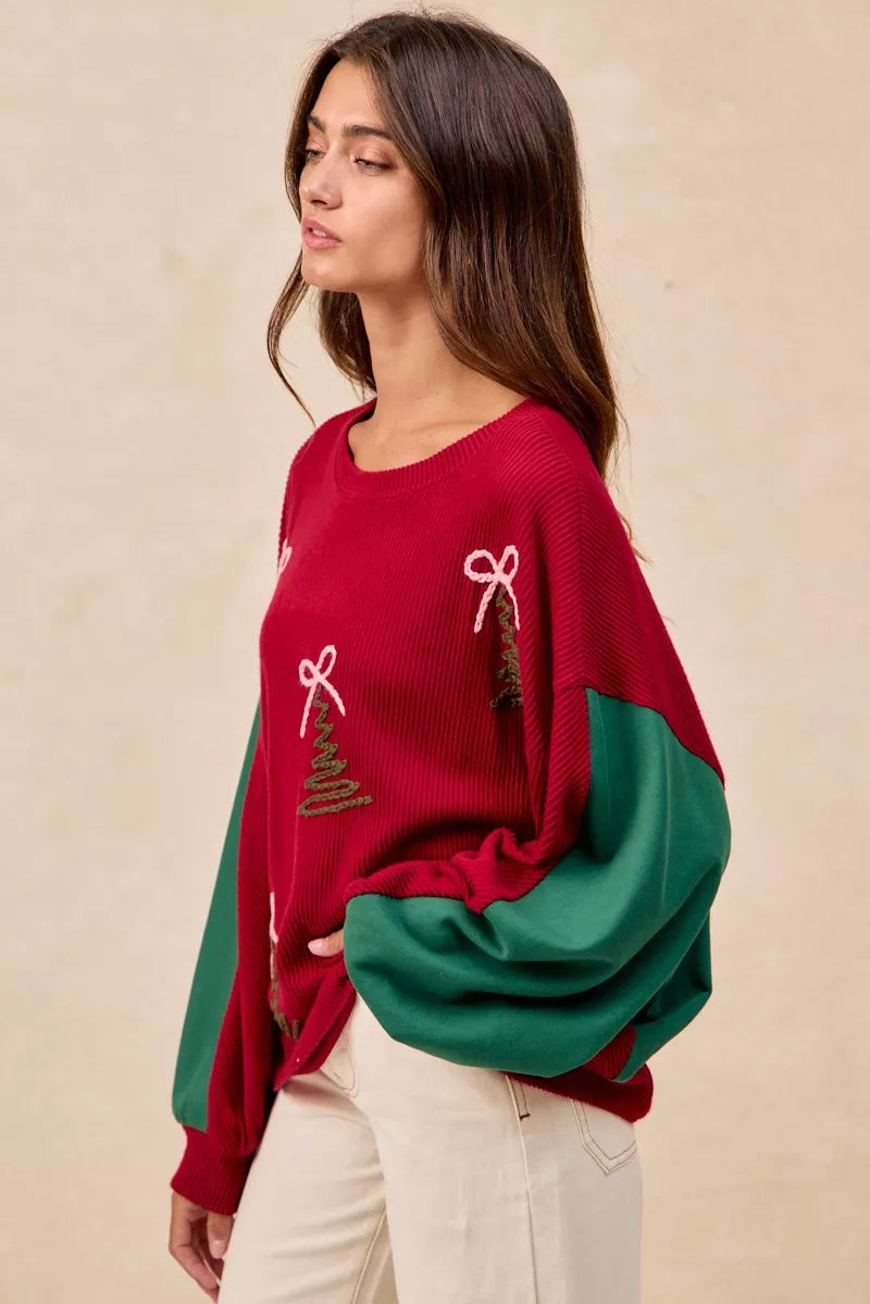 BiBi Christmas Theme Tree Embroidered Sweater OutfitFlow