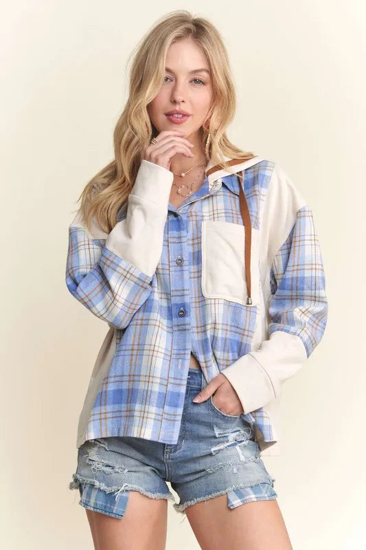 ADORA Button Down Plaid Hoodie Shacket OutfitFlow
