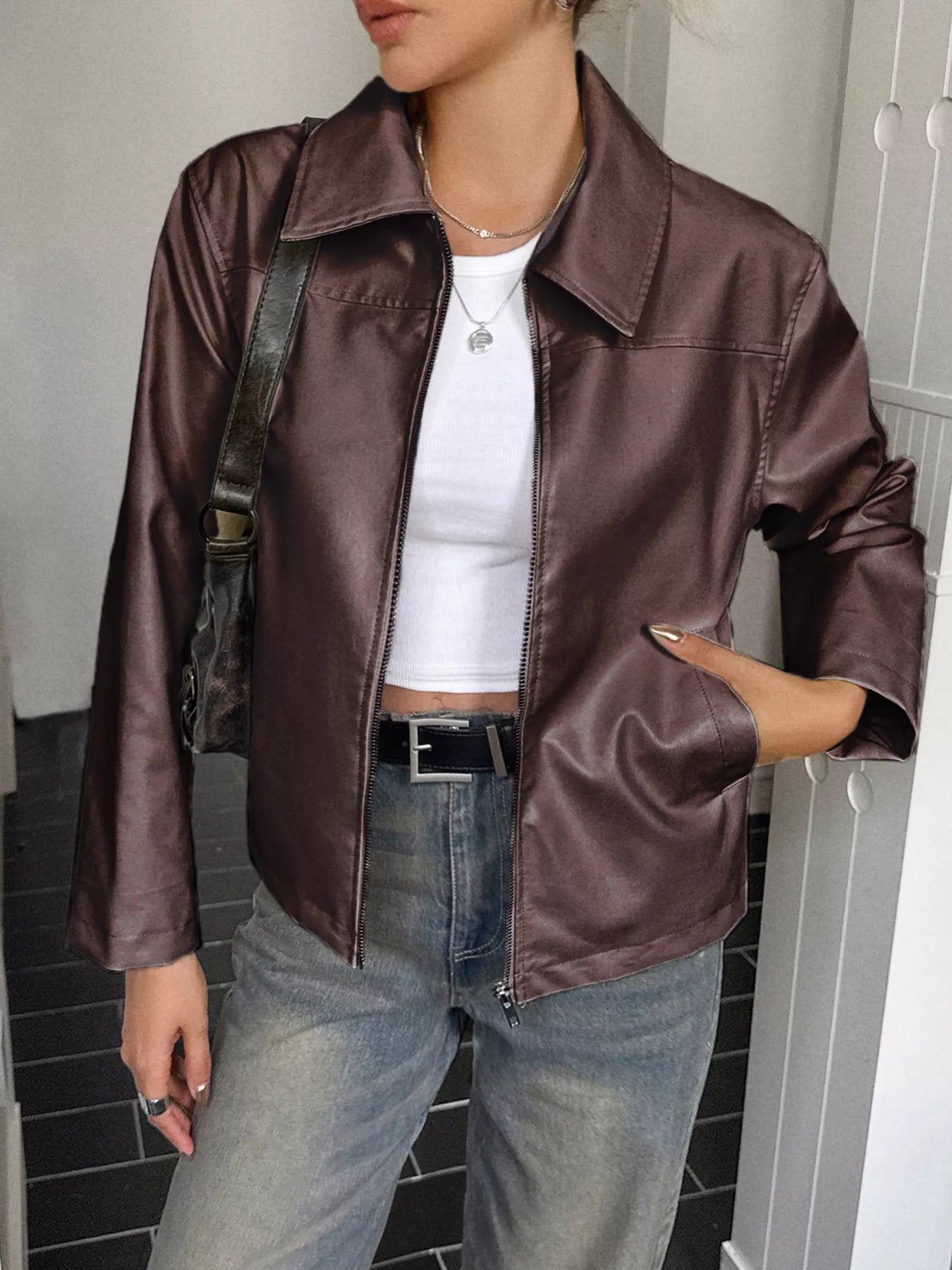 Zip Up Leather Jacket Brown Trendsi