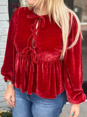 Plus Size Tie Front Velvet Peplum Blouse Deep Red OutfitFlow