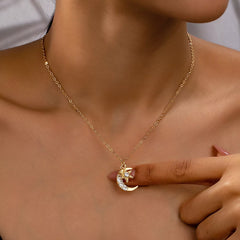 18K Gold-Plated Rhinestone Star & Moon Necklace Gold onesize OutfitFlow