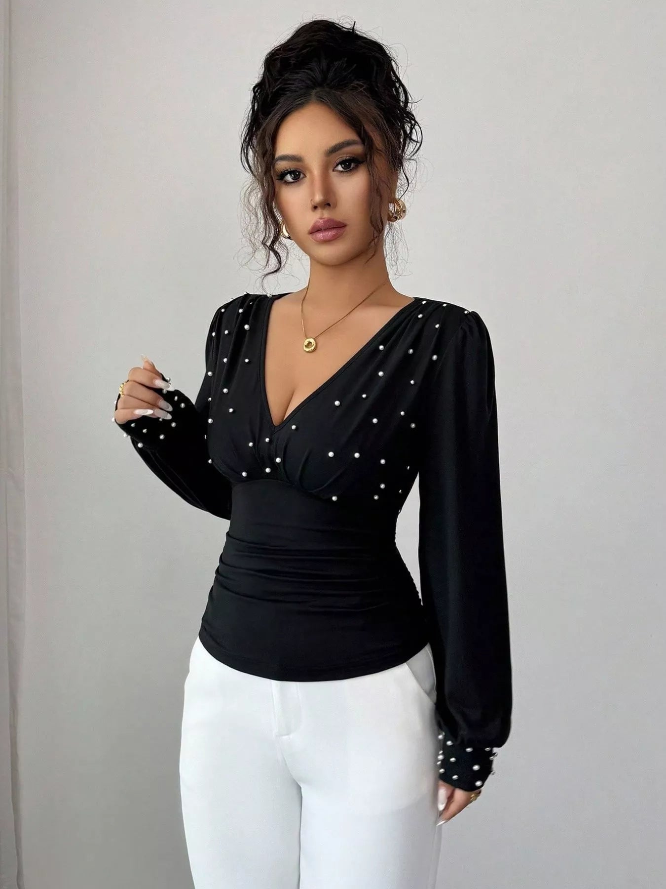 Pearl Embellished V-Neck Blouse OutfitFlow