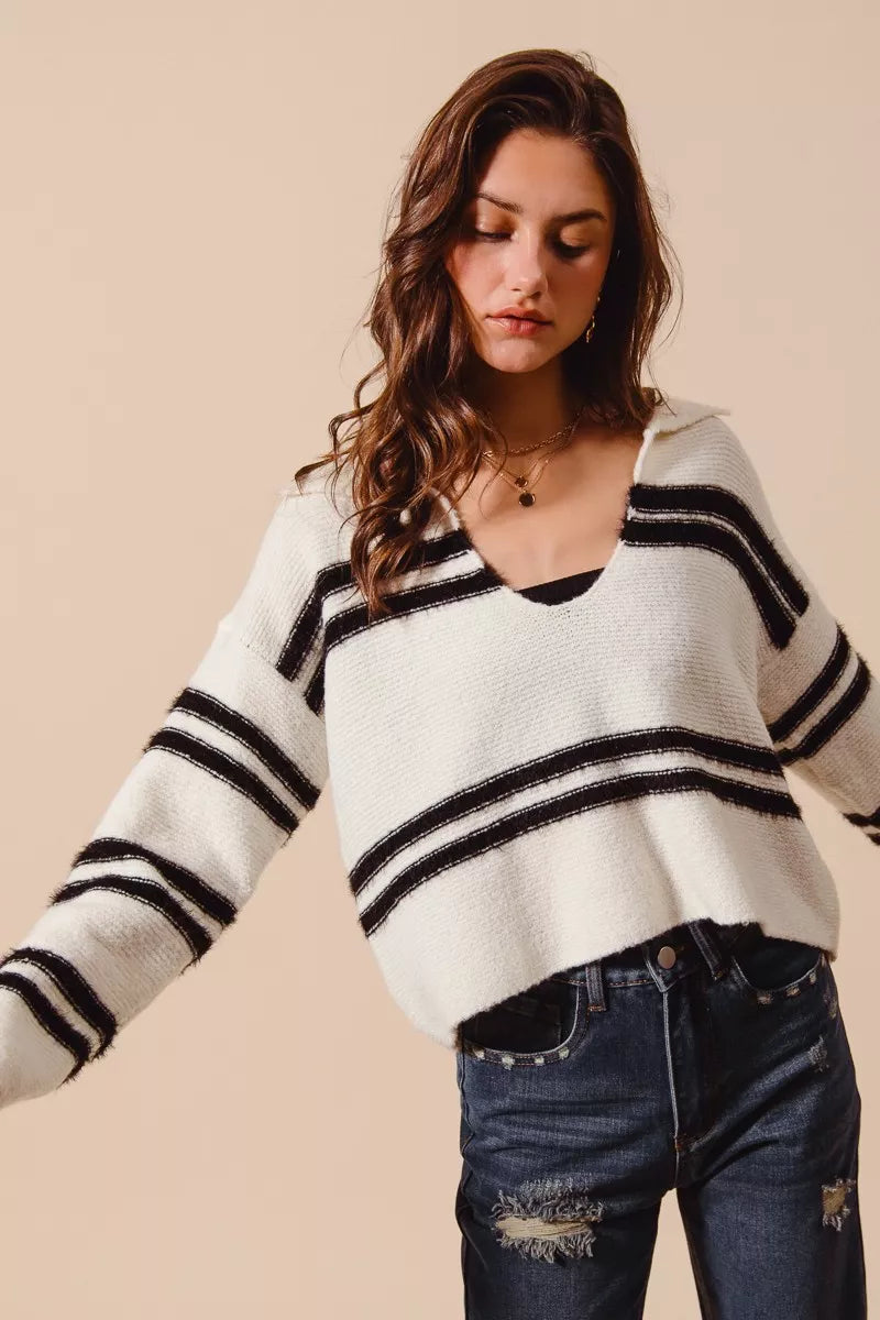 SO ME Fuzzy Hairy Stripe Deep U Neck Sweater OutfitFlow