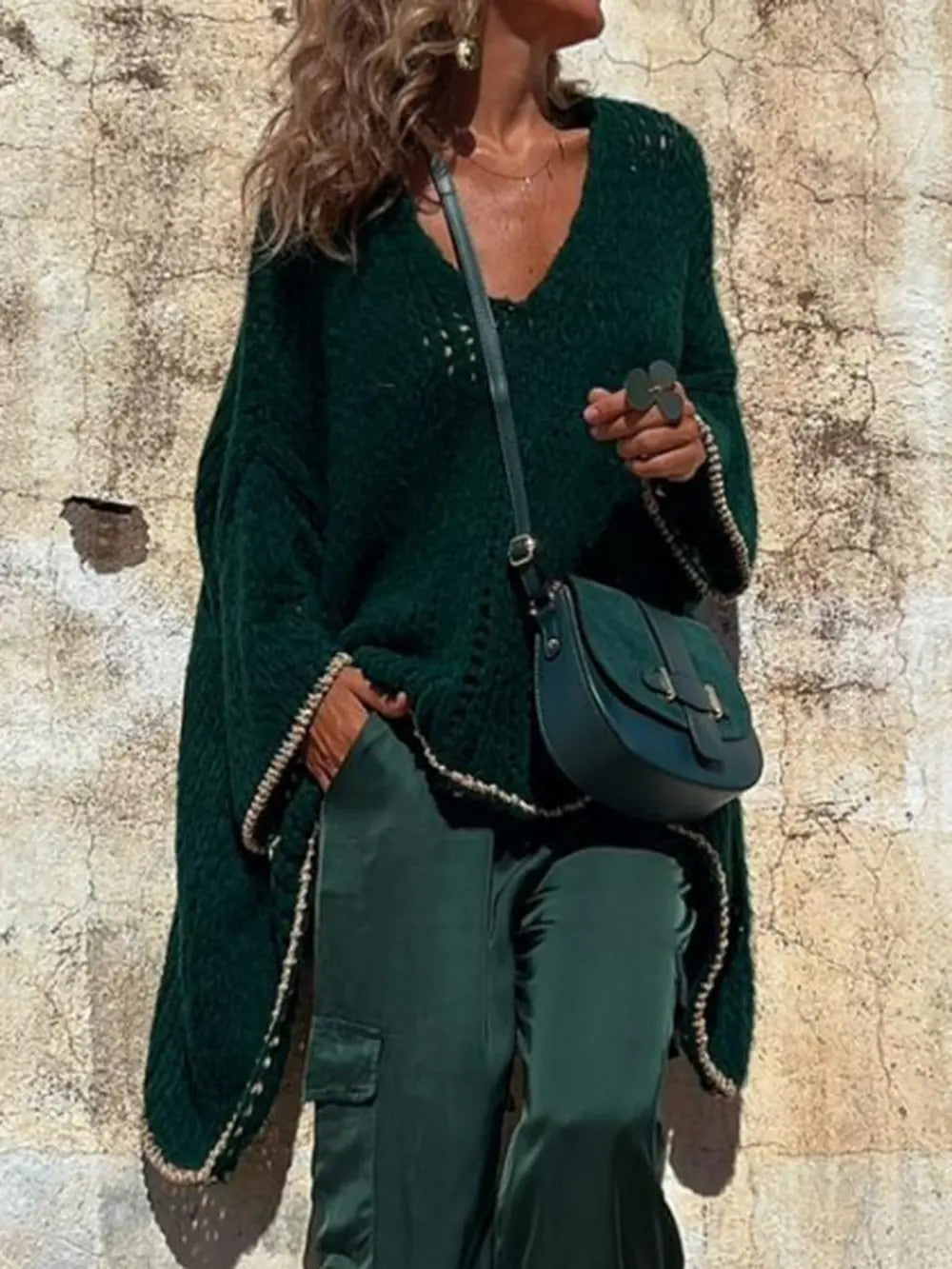 Contrast V-Neck Long Sleeve Sweater Dark Green OutfitFlow