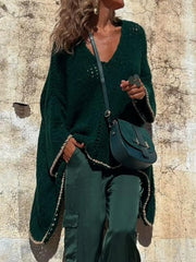 Contrast V-Neck Long Sleeve Sweater Dark Green OutfitFlow