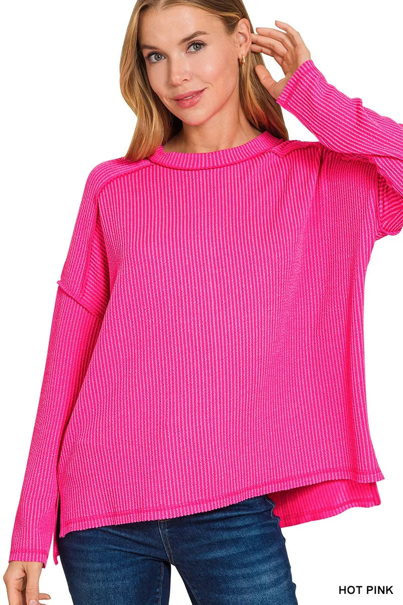 Zenana Exposed Seam Long Sleeve Corded Rib Knit Top OutfitFlow