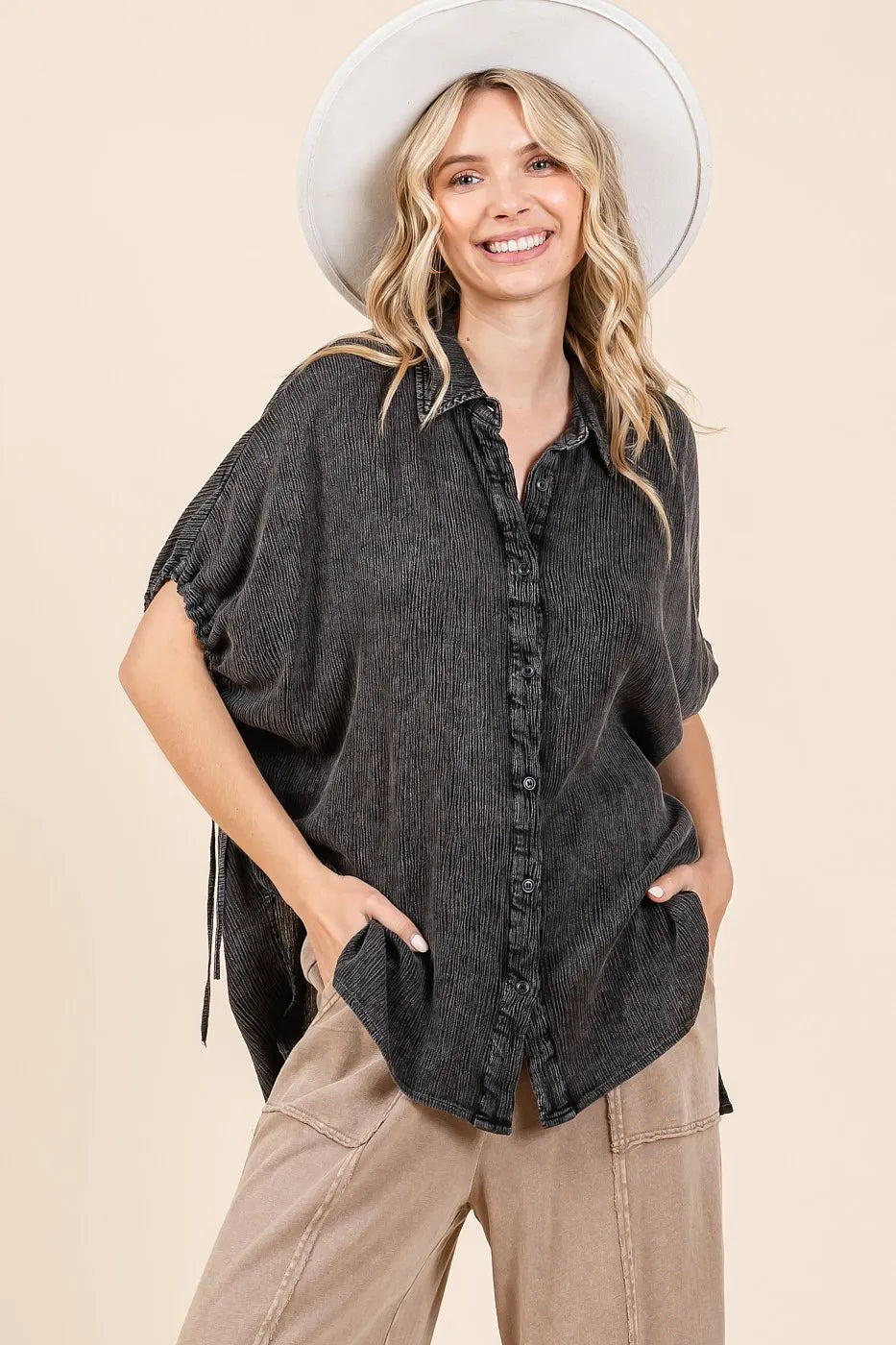 Mittoshop Mineral Wash Loose Fit Button Down Shirt OutfitFlow
