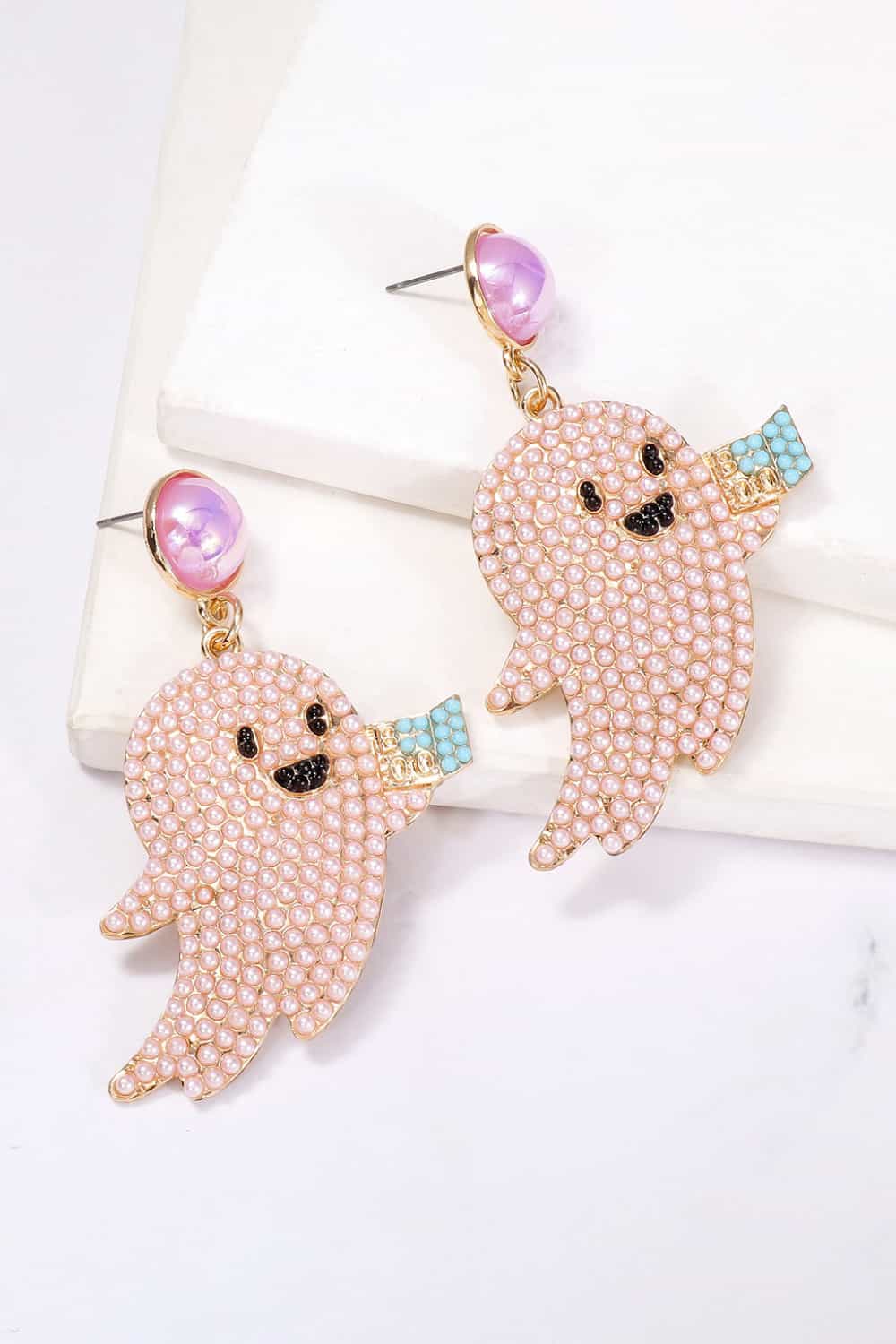Ghost Shape Synthetic Pearl Dangle Earrings Pink One Size OutfitFlow