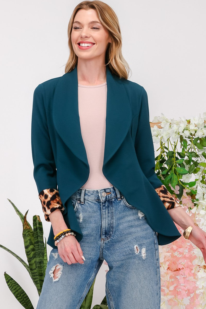 Outfit Flow - Celeste Full Size Rolled Leopard Cuff Open Front Blazer