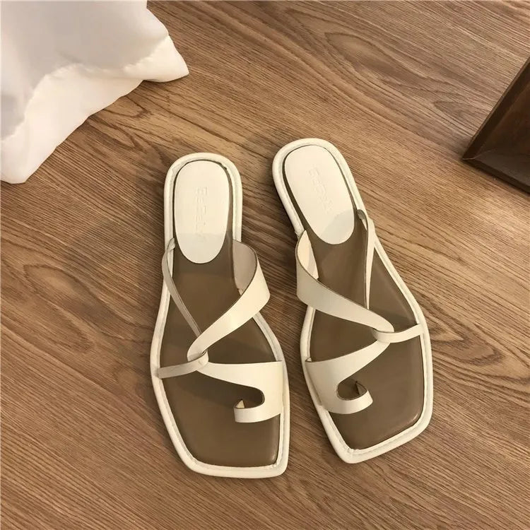 Toe Loop Flats Sandals Beige White OutfitFlow