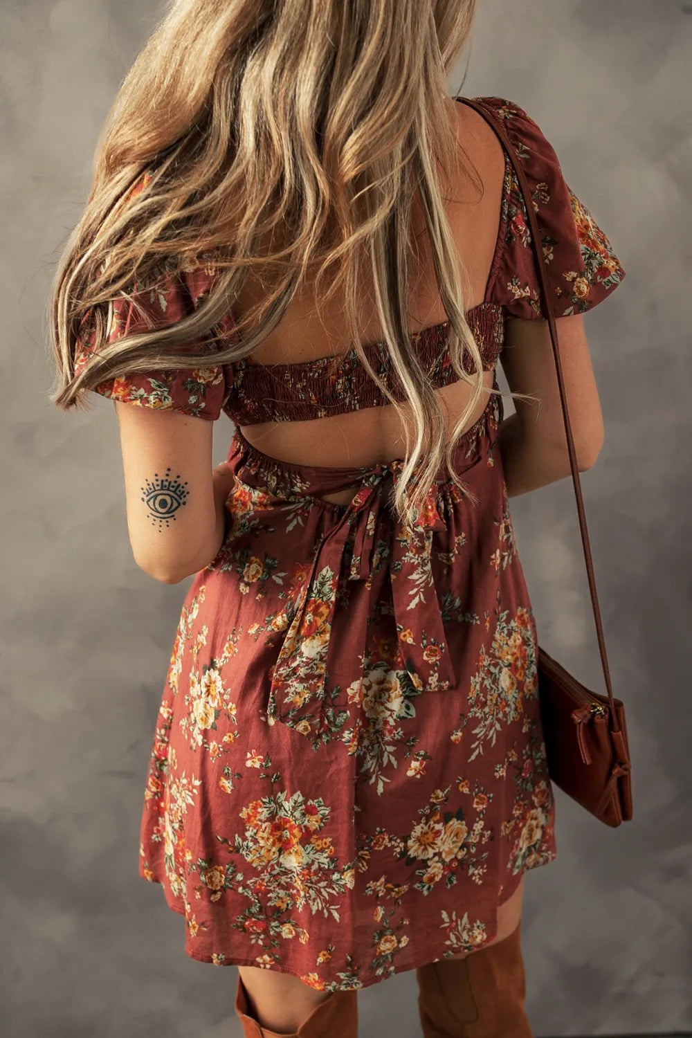 Floral Puff Sleeve Square Neck Knot Open Back Mini Dress OutfitFlow