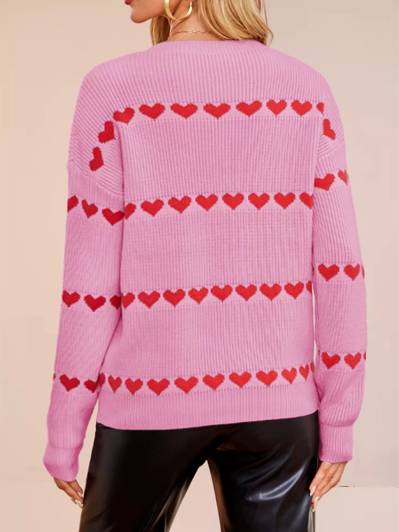 Heart Pattern Dropped Shoulder Sweater OutfitFlow