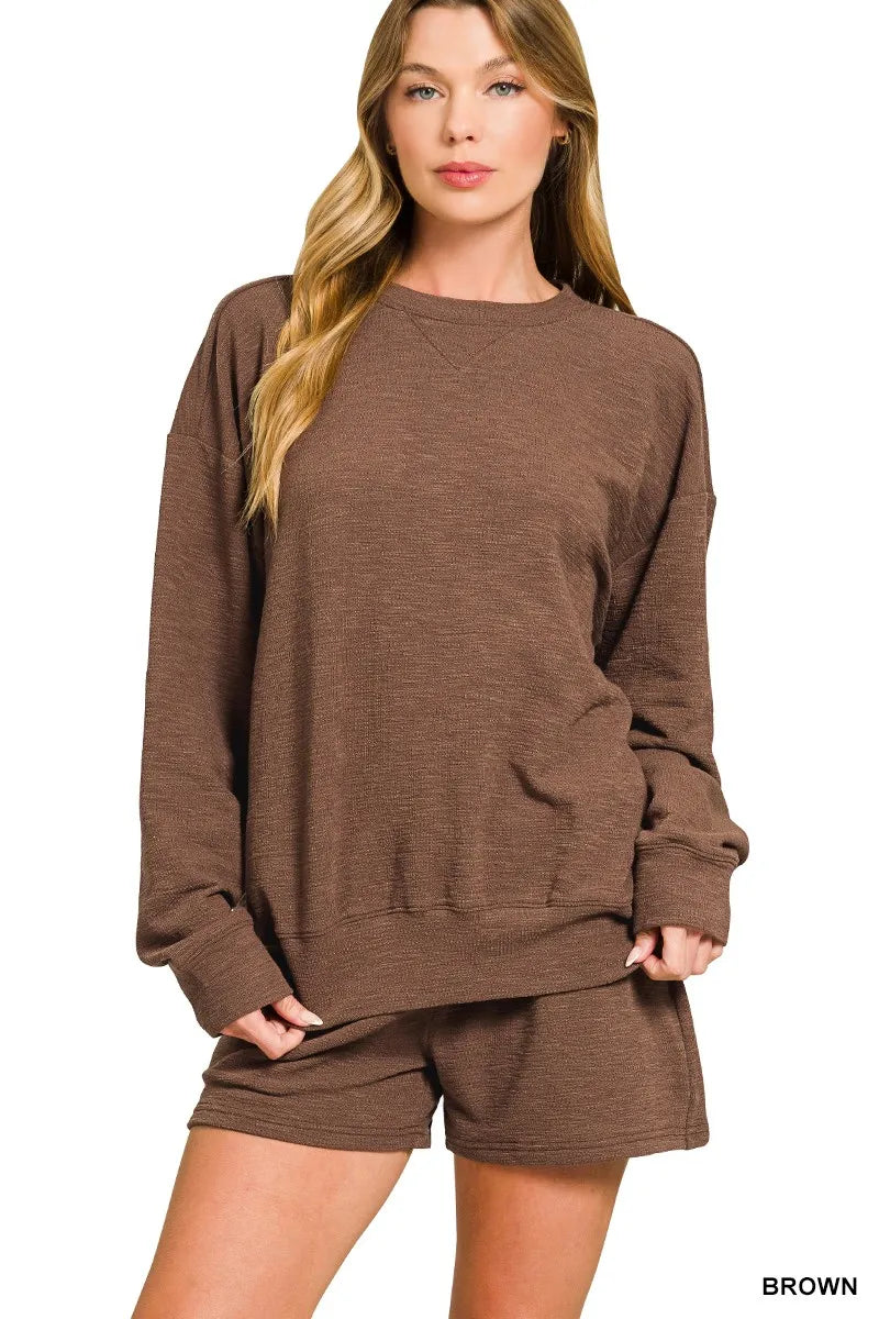Zenana Slub Long Sleeve Top and Shorts Set BROWN Trendsi