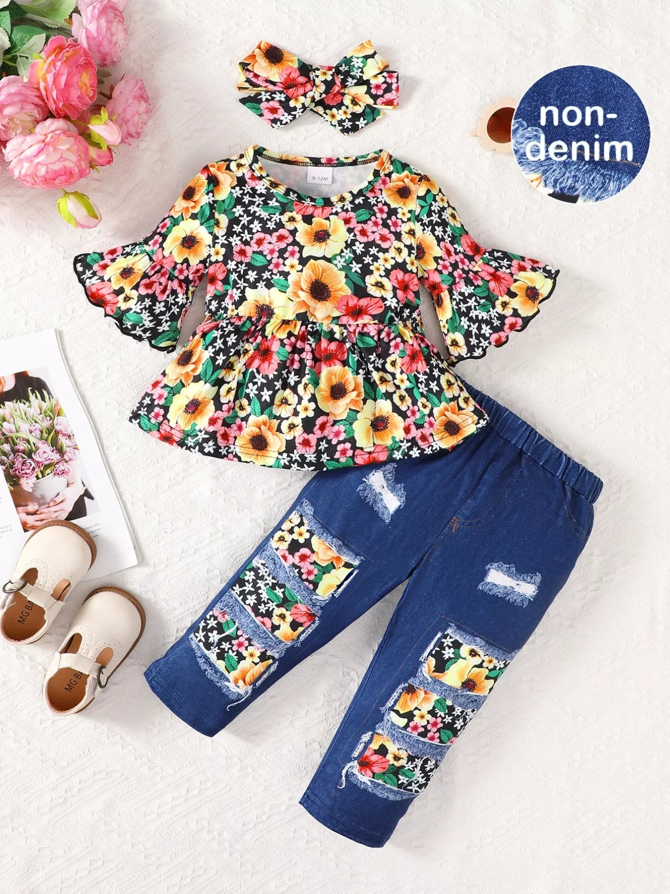 Children's Floral Bell Sleeve Top and Pants Set OutfitFlow