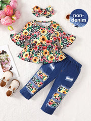 Children's Floral Bell Sleeve Top and Pants Set OutfitFlow