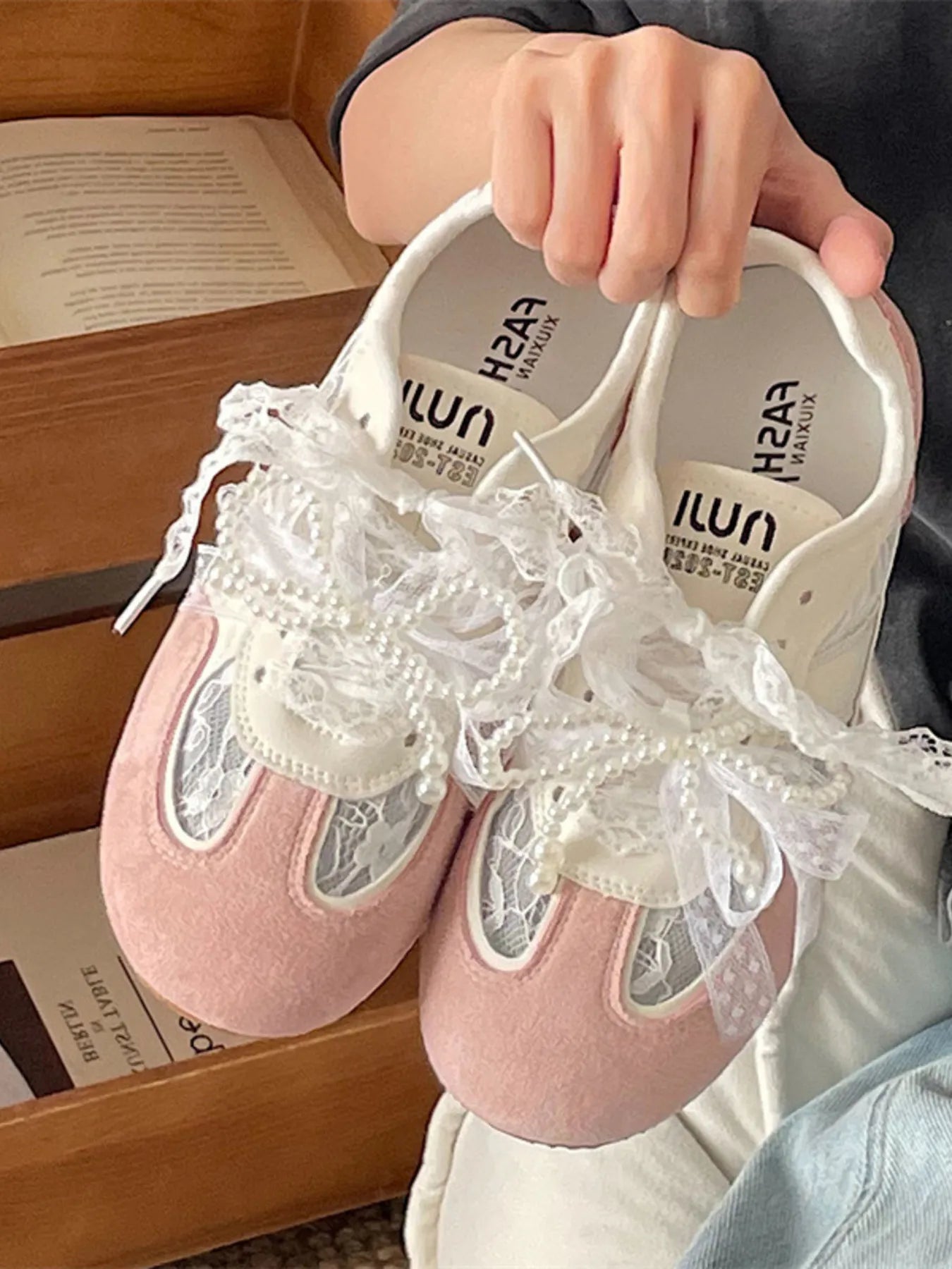 Vintage Lace Ribbon Sneakers OutfitFlow