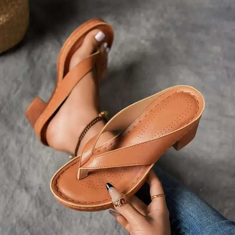 Chunky Heel Toe Post Sandals Tan OutfitFlow