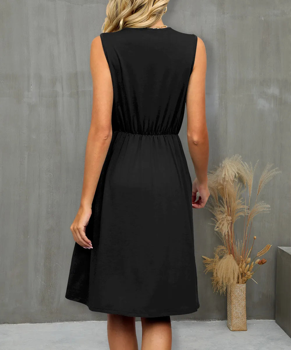 V-Neck Sleeveless Midi Dress with Lace Trim OutfitFlow