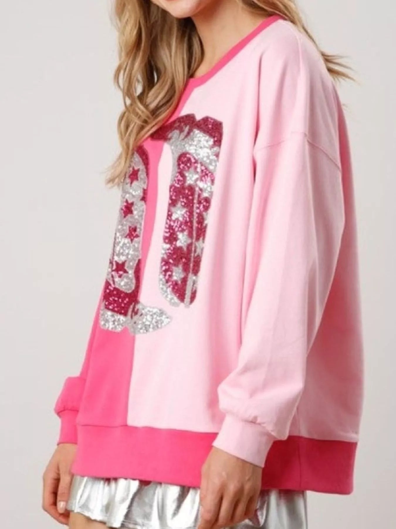 Sequin Boots Color Block Sweatshirt OutfitFlow