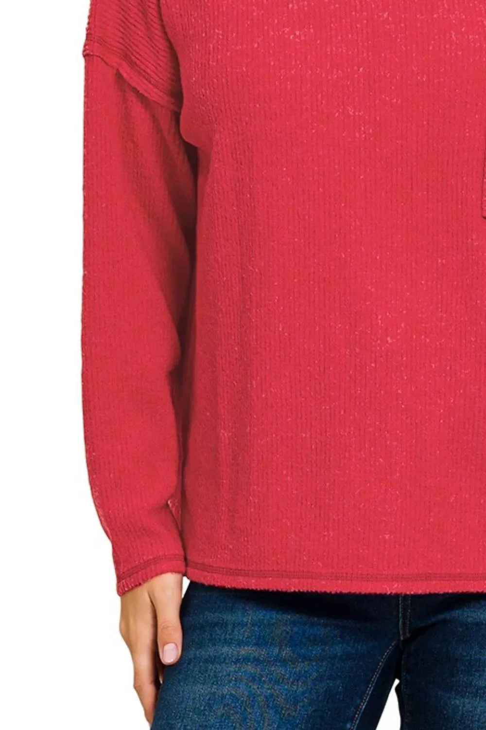 Zenana Ribbed Brushed Melange Hacci Sweater with Chest Pocket OutfitFlow