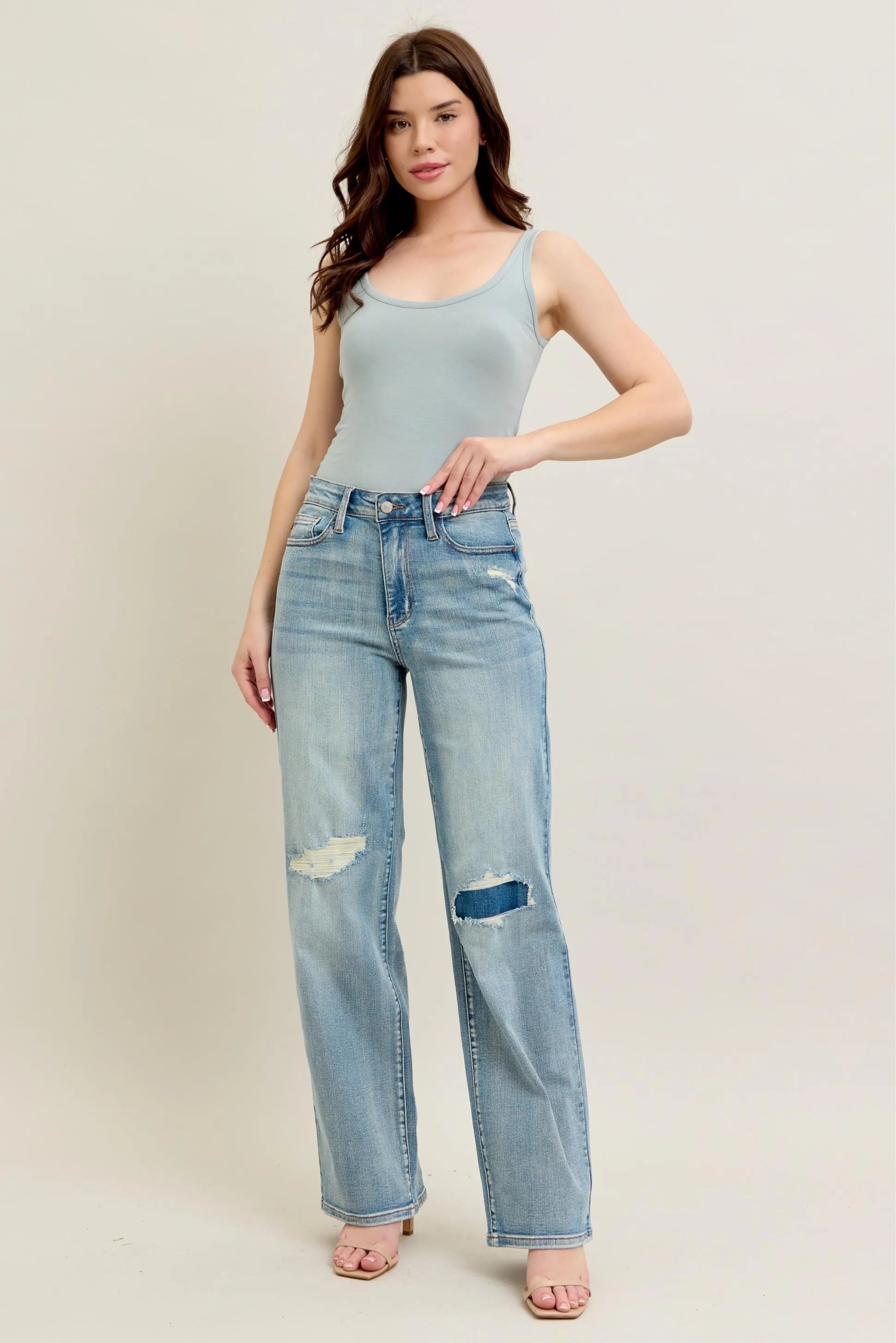 Judy Blue Full Size Hw Destroy & Knee Patch Straight Jeans Plus Size OutfitFlow