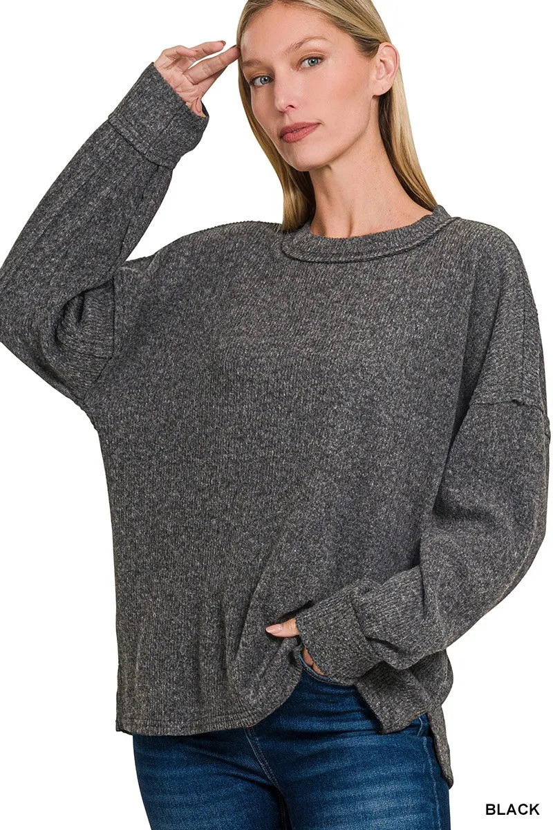 Zenana Full Size Brushed Ribbed Hacci Drop Shoulder Sweater Plus Size BLACK Trendsi