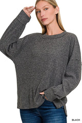Zenana Full Size Brushed Ribbed Hacci Drop Shoulder Sweater Plus Size BLACK Trendsi