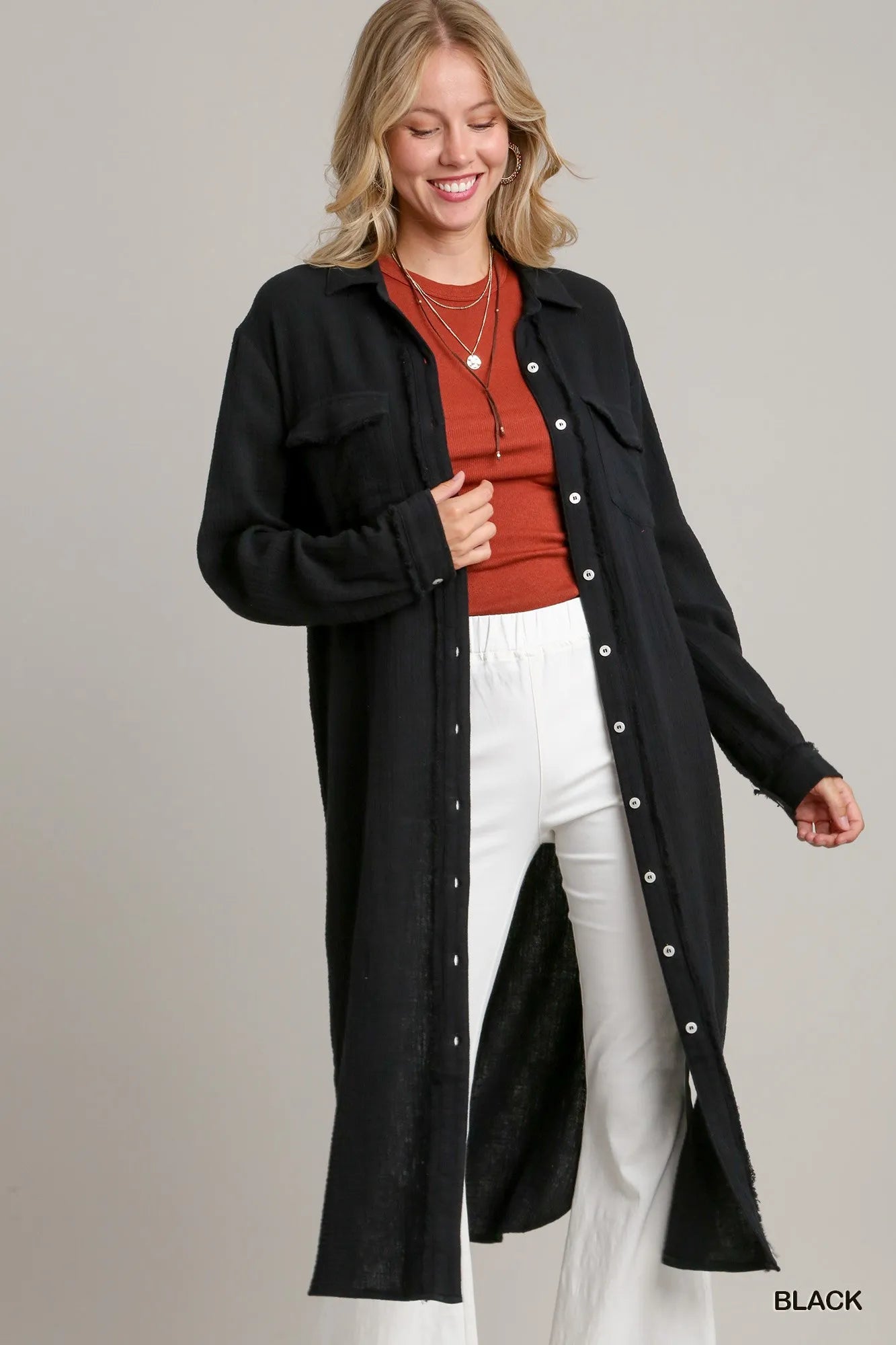 Umgee Cotton Gauze Button Down Shirt Dress Black Trendsi