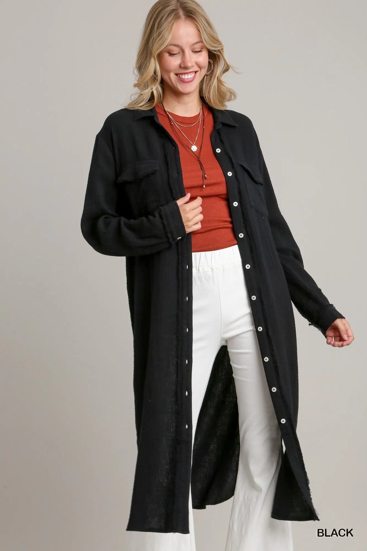 Umgee Cotton Gauze Button Down Shirt Dress Black Trendsi