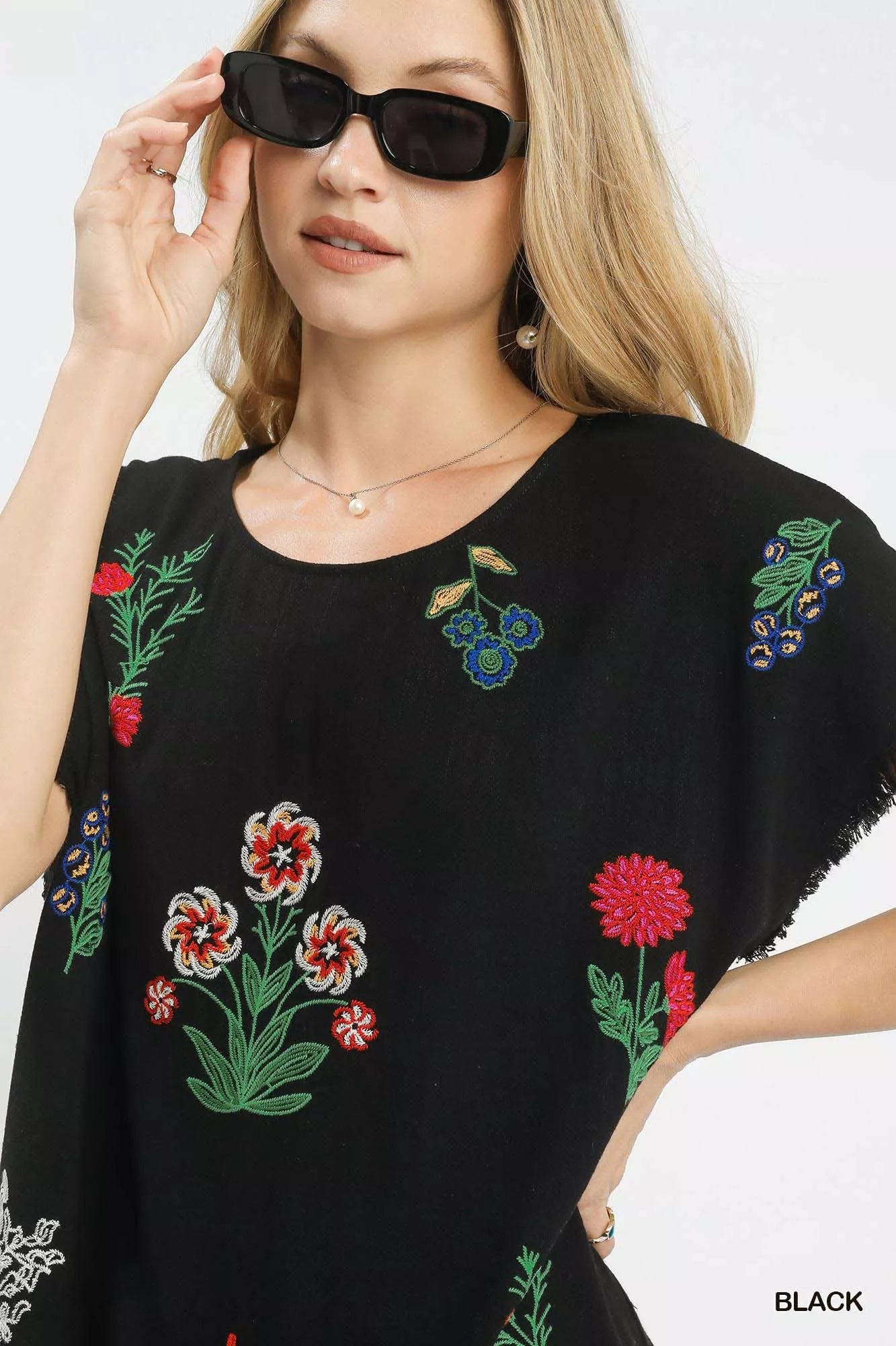 Umgee Linen Blend Embroidered Frayed Hem Top OutfitFlow