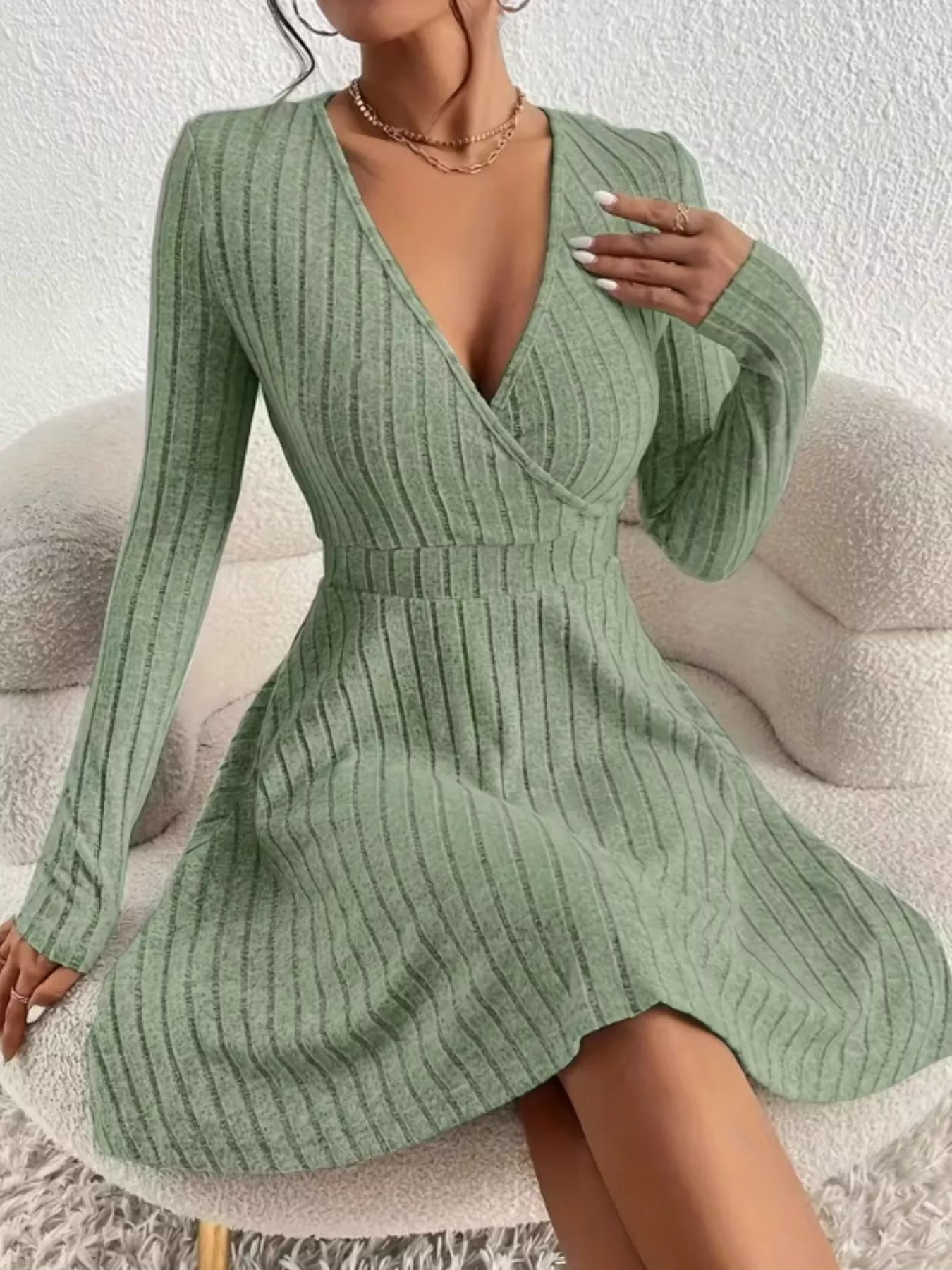 Ribbed Knit Wrap Mini Dress Sage OutfitFlow