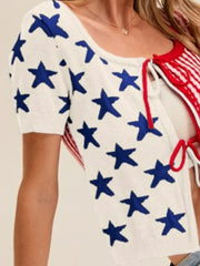 SO ME Stars and Stripe Front Bow Tie Sweater Cardigan OutfitFlow