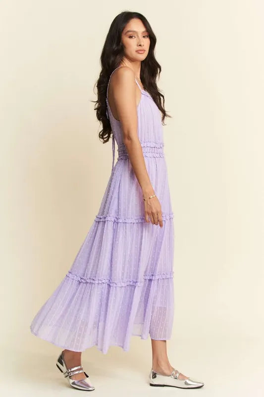 Davi & Dani Texture Swiss Dot Ruffle Square Neck Midi Dress OutfitFlow